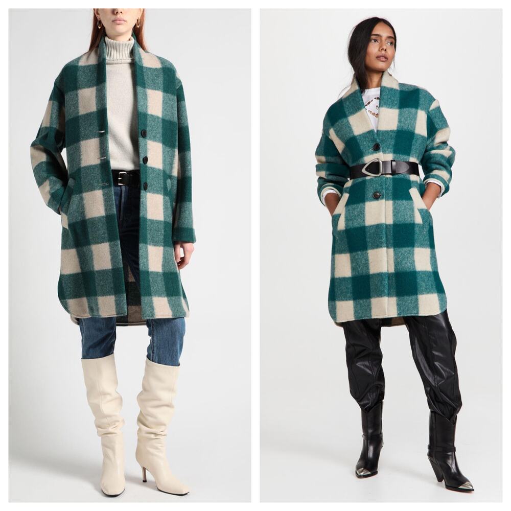 Isabel Marant Etoile Gabriel Teal Cream Checkered Wool Jacket Size FR 36 Small